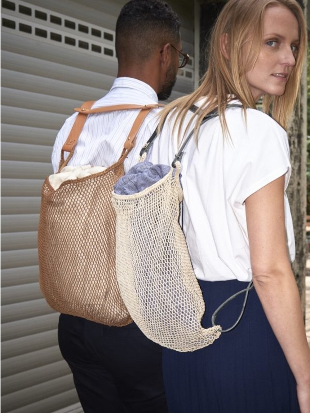 Handwoven Sisal Net Mesh Tote Bag Leather Straps - Brown Summer Beach Backpack - Picture 3 of 12